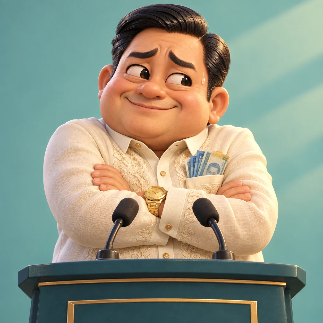A nervous cartoon politician folds his arms defensively, with cash poking from his barong pocket.